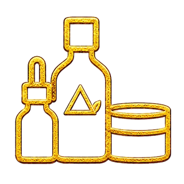 Gold Healing wellness product collection icon featuring bottles and skincare jar