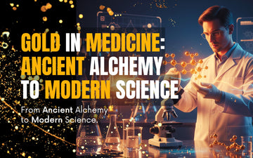 Scientist studying gold molecules in a laboratory representing ancient alchemy and modern gold science research