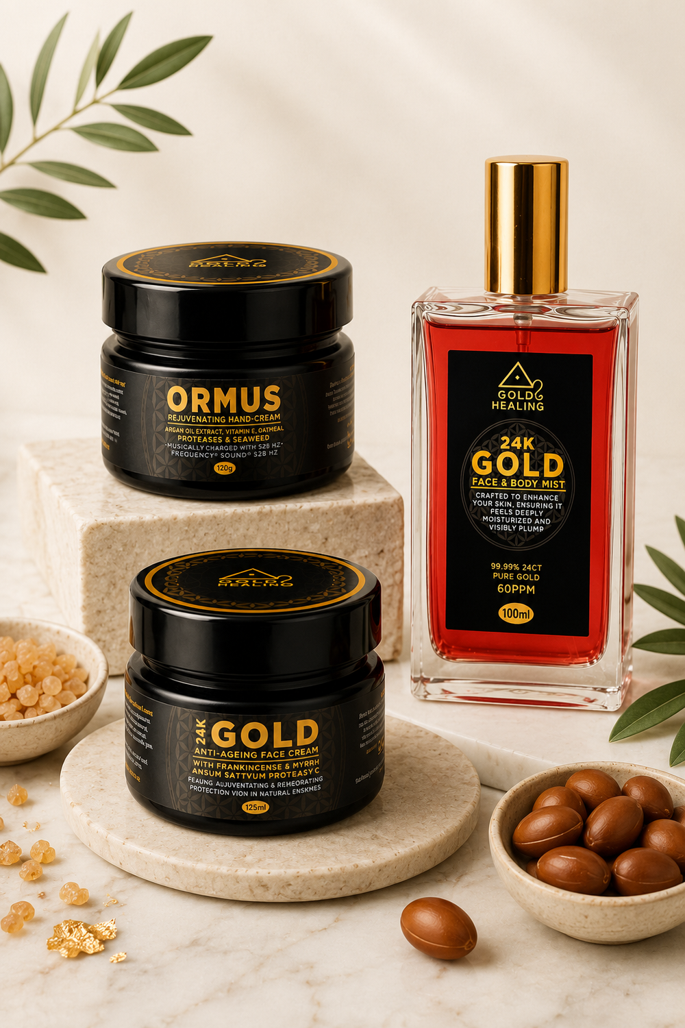 Gold Healing gold skincare collection featuring 24K Gold Face Cream, 24K Gold Face and Body Mist and ORMUS Hand Cream with featured botanical ingredients