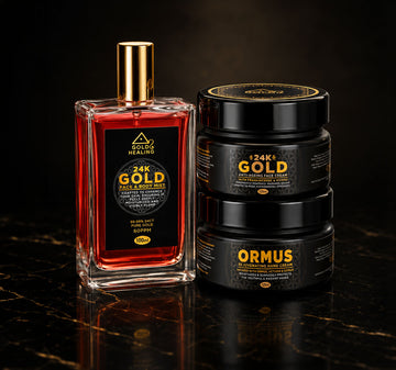 Gold Healing Gold Skincare collection featuring 24K Gold Face Cream, Colloidal Gold Face & Body Mist and ORMUS Rejuvenating Hand Cream