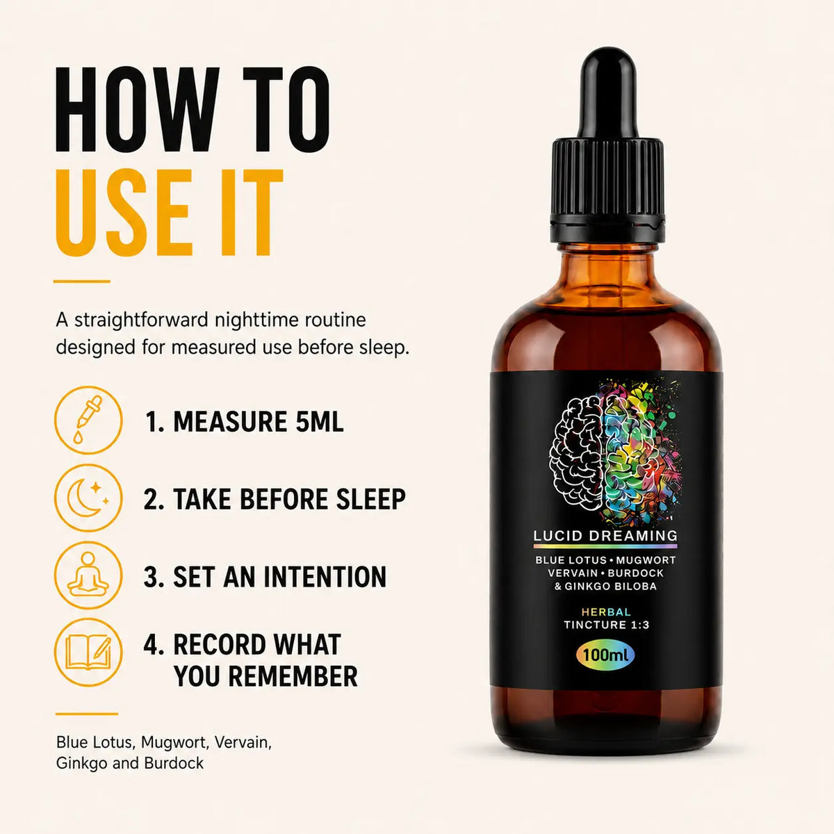 How to use Lucid Dreaming Tincture by measuring 5ml before sleep and recording dreams after waking
