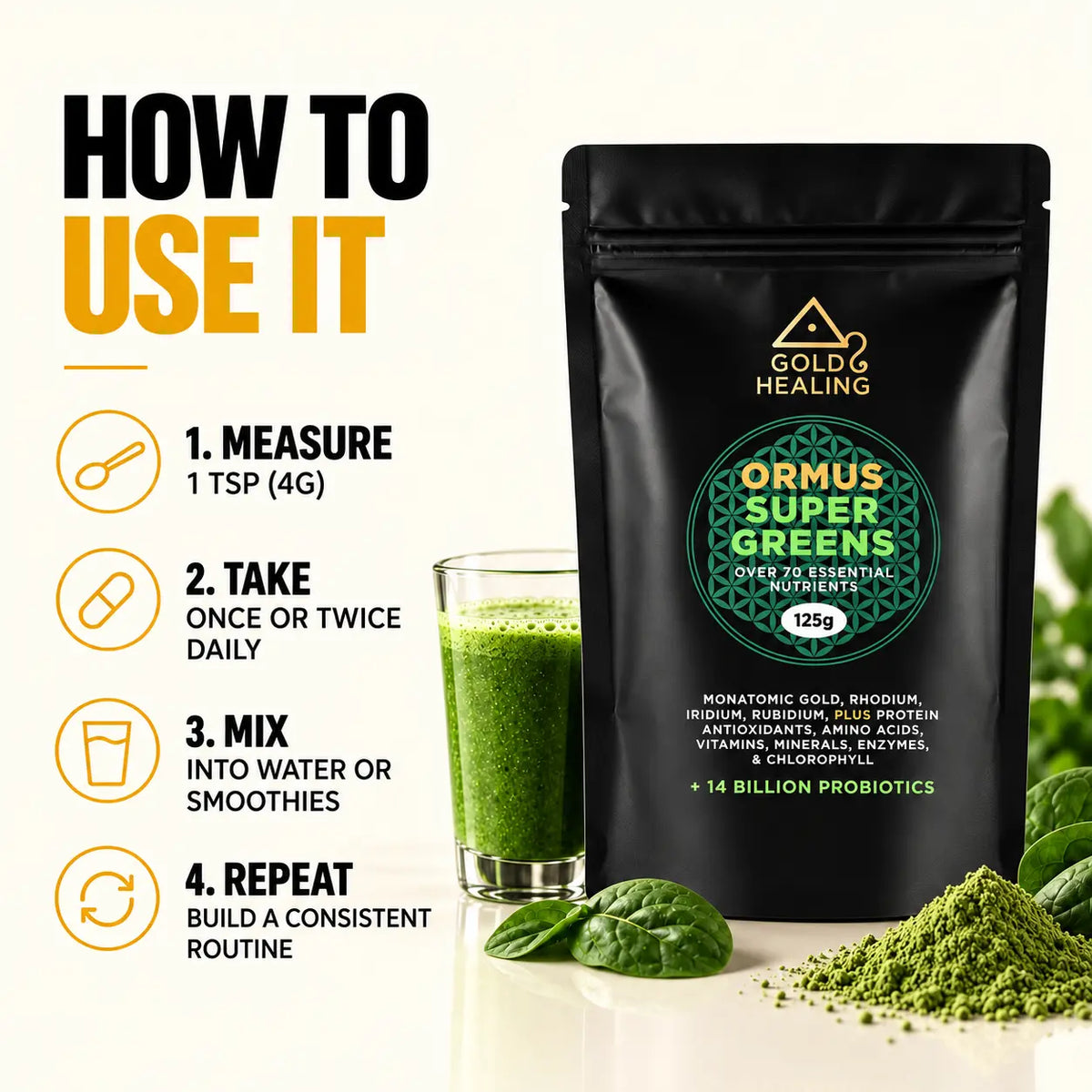 How to use Ormus SuperGreens powder by measuring, mixing with water or smoothies and using consistently