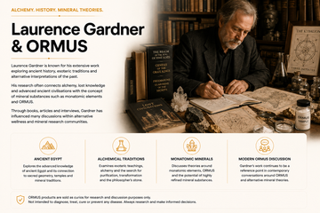 Laurence Gardner ORMUS infographic exploring alchemical traditions, monatomic mineral theories and alternative ORMUS history