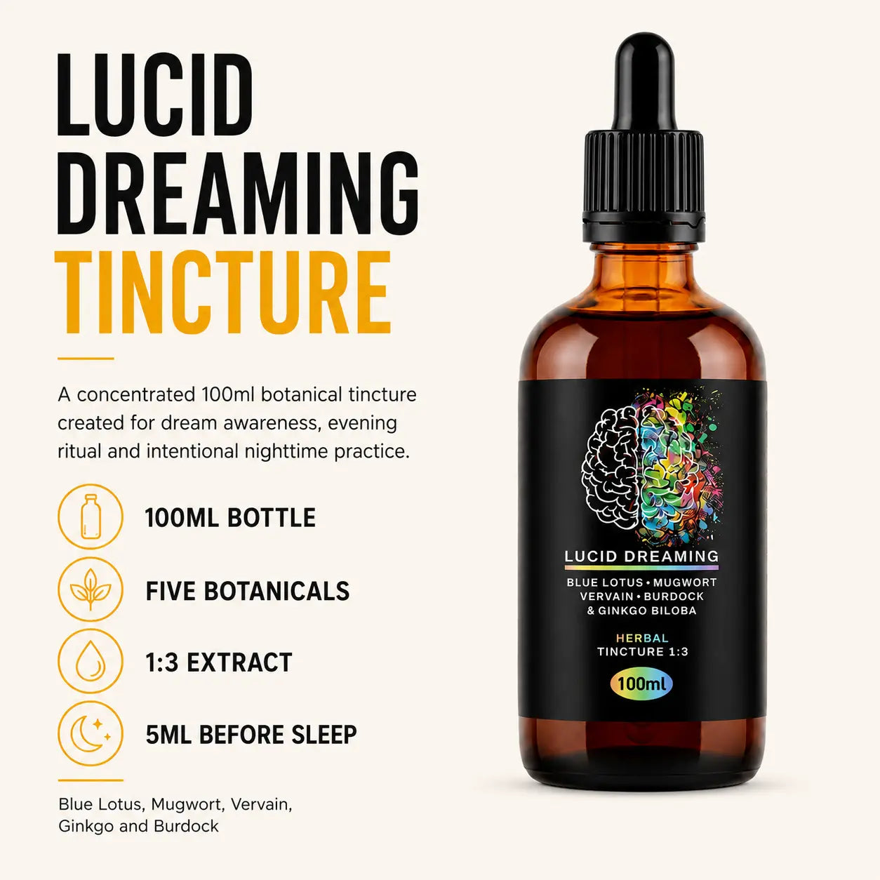Lucid Dreaming Tincture 100ml with five botanicals, concentrated 1:3 extract and measured 5ml serving