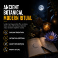 Blue Lotus and traditional dream herbs shown with a dream journal as part of a nighttime lucid dreaming ritual