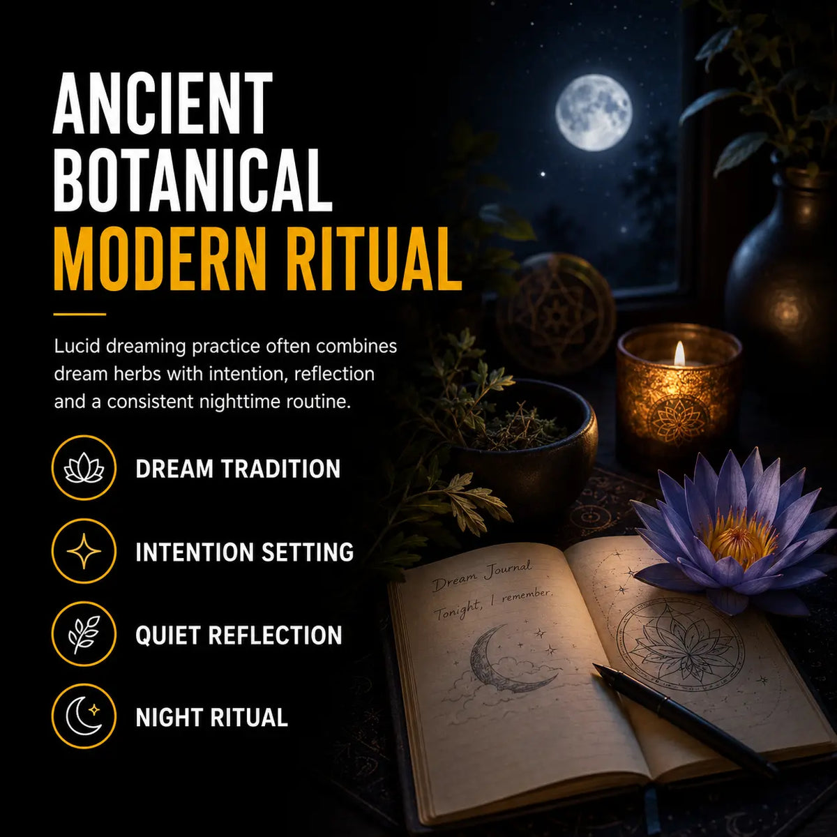 Blue Lotus and traditional dream herbs shown with a dream journal as part of a nighttime lucid dreaming ritual