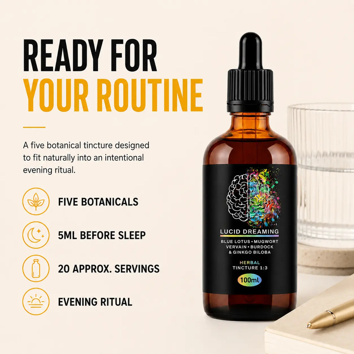 Gold Healing Lucid Dreaming Tincture 100ml with five botanicals for a measured evening routine