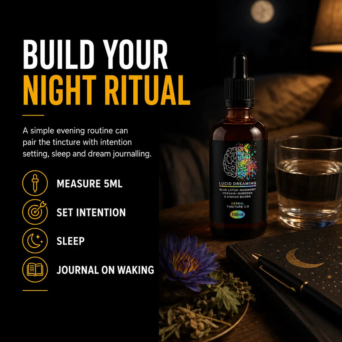 Gold Healing Lucid Dreaming Tincture beside water and dream journal for an intentional nighttime routine