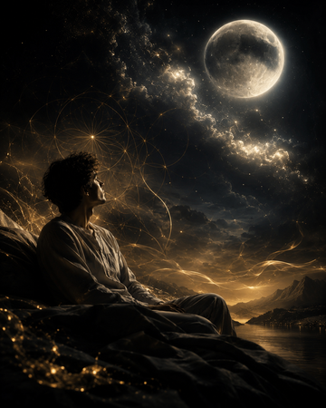 Lucid dreaming awareness scene with Gold Healing dream tincture and moonlit surreal landscape