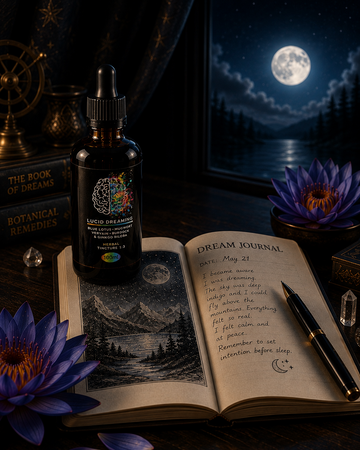 Gold Healing Lucid Dreaming Tincture beside a dream journal, Blue Lotus and moonlight