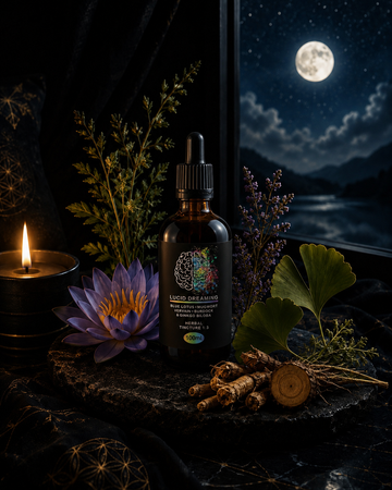 Gold Healing Lucid Dreaming Tincture with Blue Lotus, dream herbs, candle and moonlit nighttime ritual.