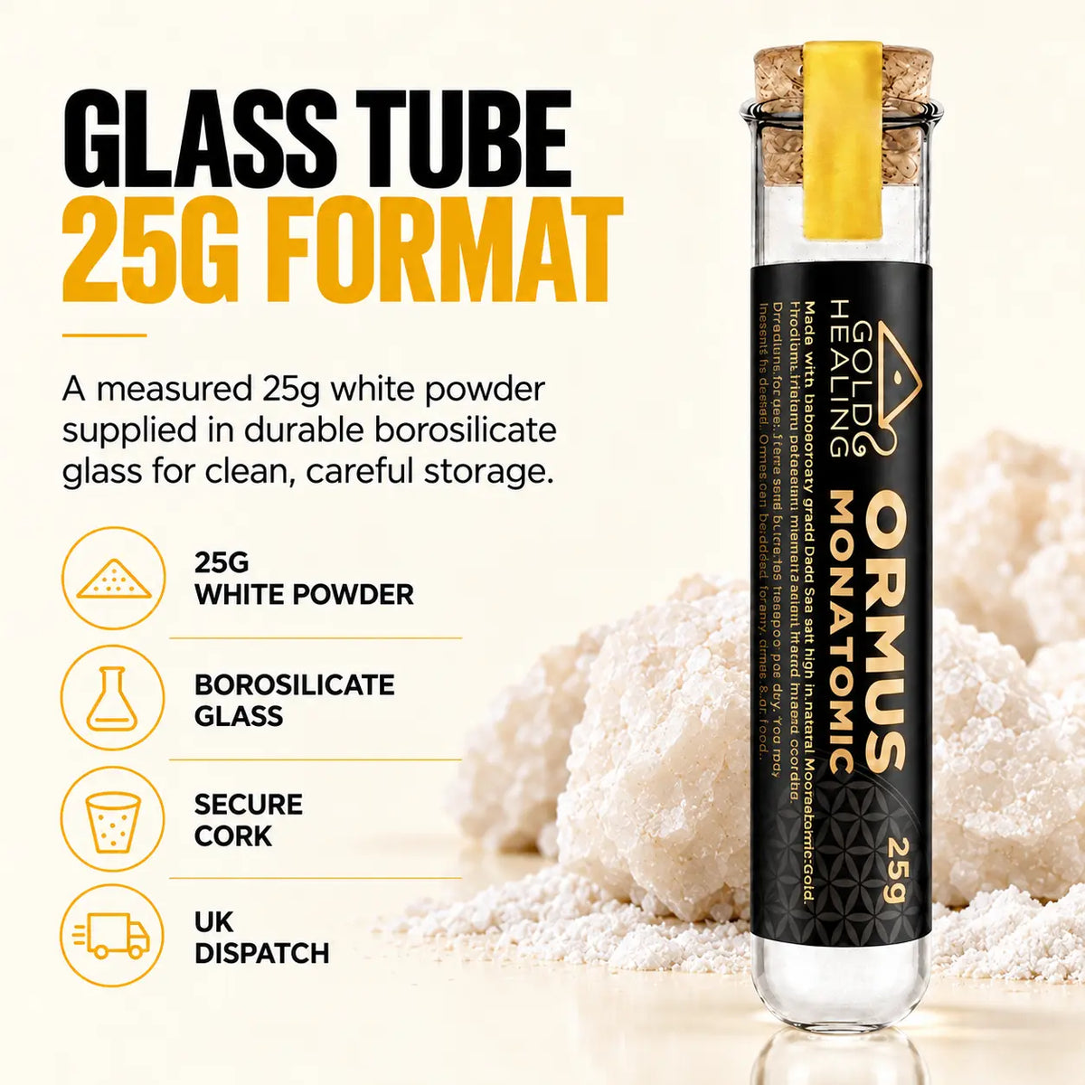 Gold Healing 25g Monatomic Gold Powder supplied in a cork sealed borosilicate glass tube