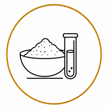 Monatomic gold powder format icon showing powdered minerals and laboratory test tube representing concentrated white powder gold products.
