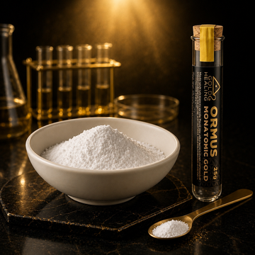 Gold Healing Monatomic Gold Powder in a white ceramic bowl with laboratory inspired styling and premium wellness presentation.