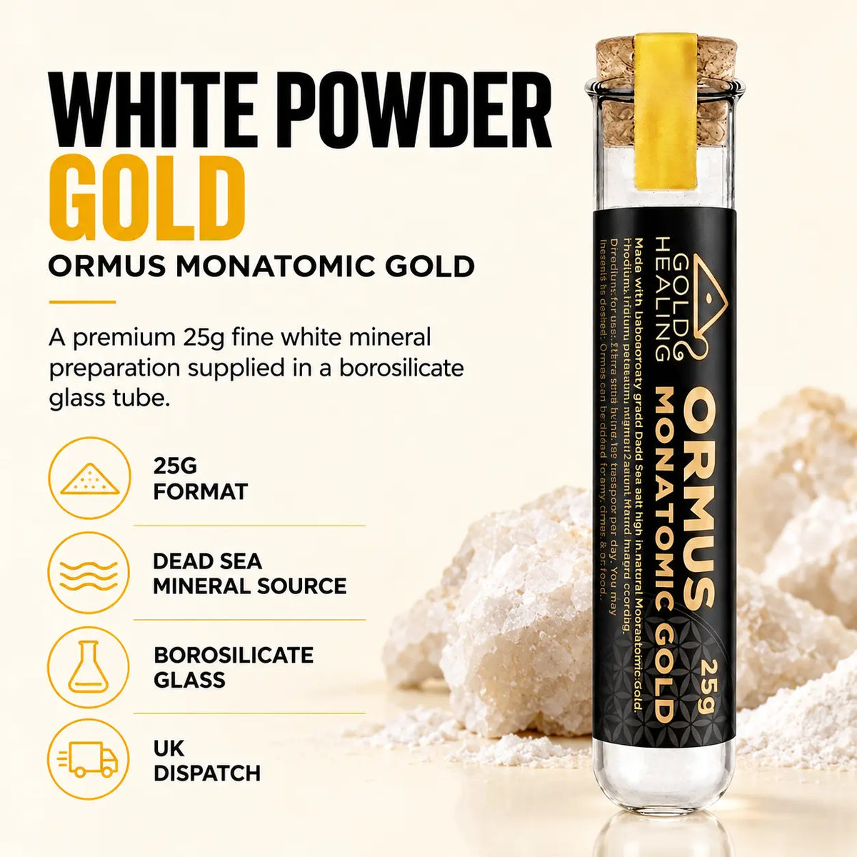 Monatomic Gold Powder 25g White Powder Gold preparation with Dead Sea mineral source and borosilicate glass tube