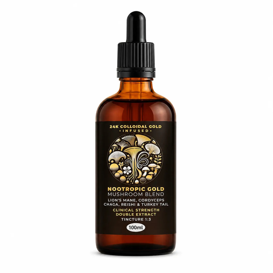 Gold Healing Nootropic Gold Mushroom Blend 100ml amber glass dropper bottle with 24K colloidal gold