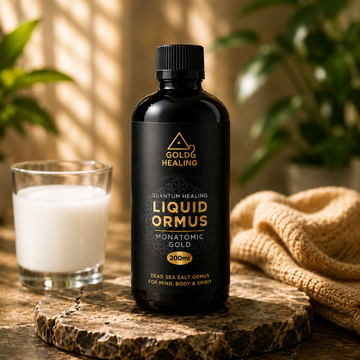 Gold Healing ORMUS Liquid 200ml bottle with Dead Sea mineral formula and serving glass