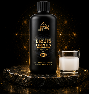 Gold Healing Ormus Liquid bottle with serving glass