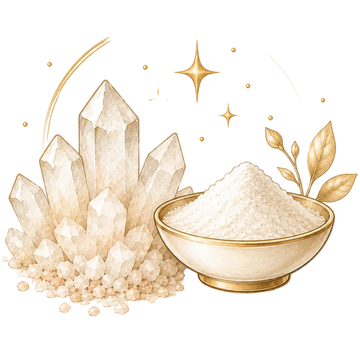 Illustration of Dead Sea mineral salts and monatomic gold powder representing ORMUS mineral source