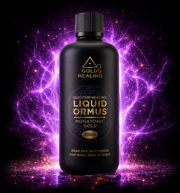 Gold Healing Liquid Ormus bottle with glowing violet energy and Miron biophotonic glass background