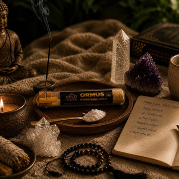 Gold Healing Ormus Monatomic Gold displayed within a refined meditation and spiritual ritual setting with incense, crystals and warm lighting