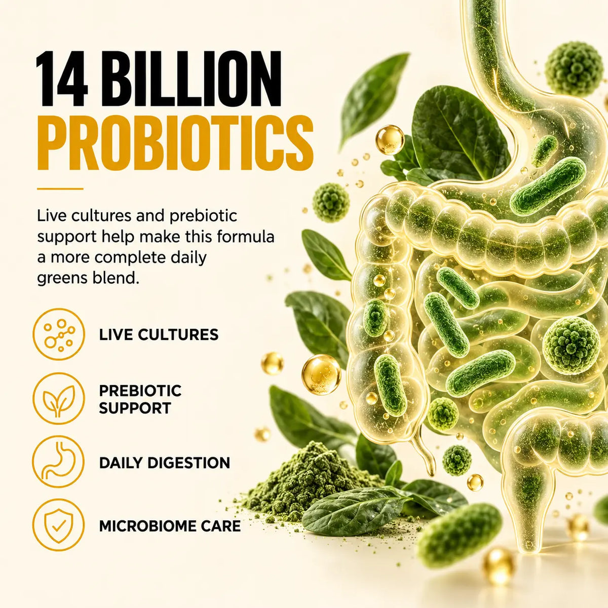Ormus SuperGreens digestive blend with 14 billion probiotics, prebiotic support and live cultures
