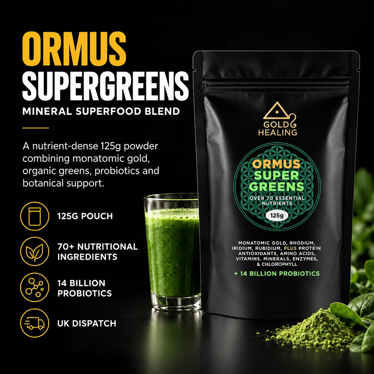 Ormus SuperGreens 125g powder with 70+ nutritional ingredients, 14 billion probiotics and UK dispatch