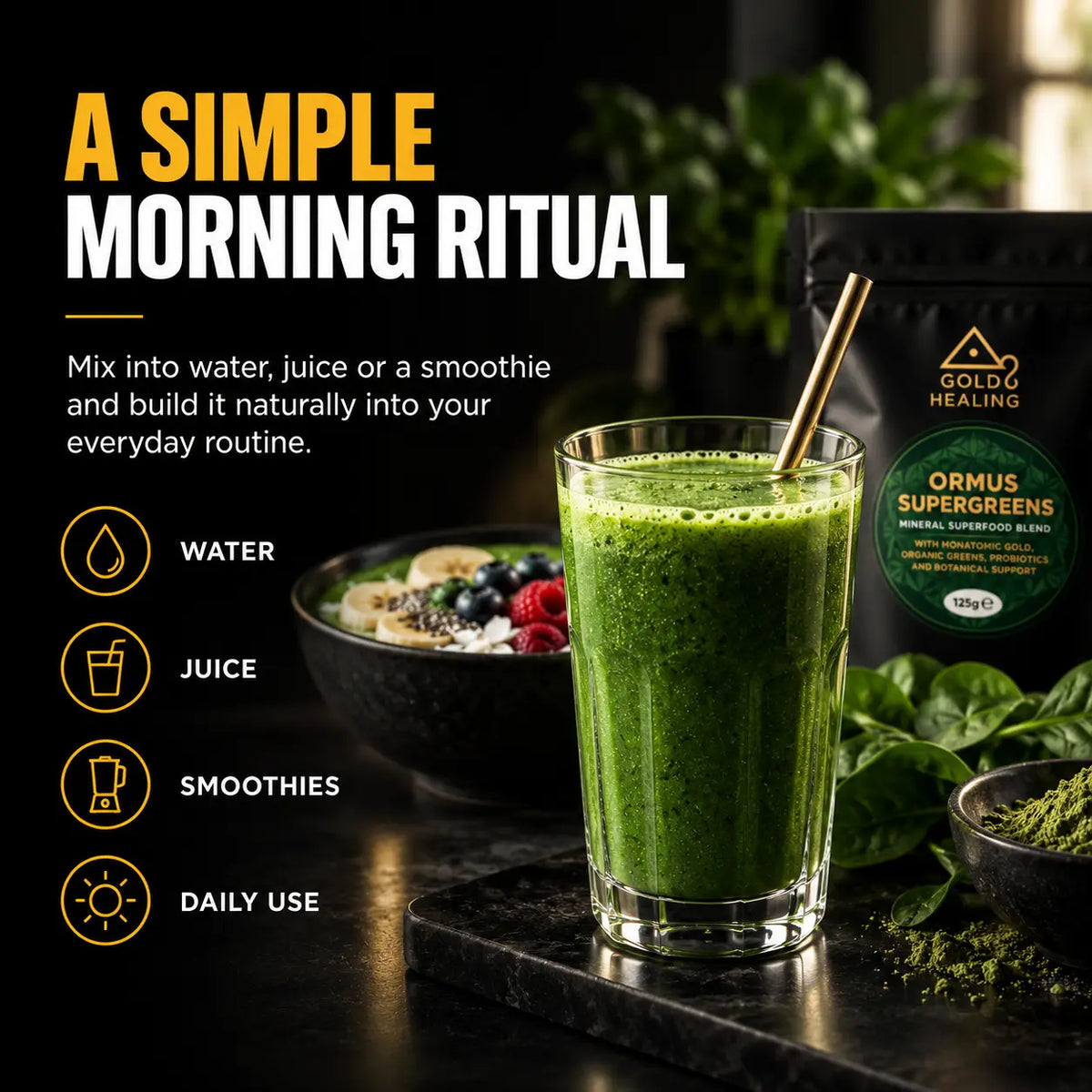 Ormus SuperGreens daily greens formula with probiotics, easy mixing and 125g resealable pouch