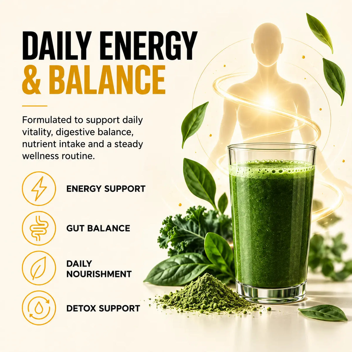 Green SuperGreens drink representing daily nutrition, digestive balance and everyday wellness routine