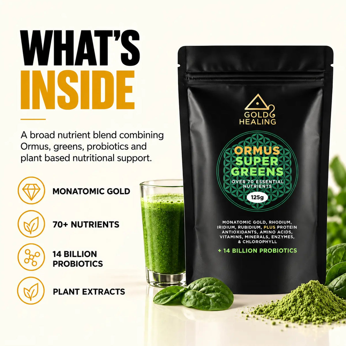 Ormus SuperGreens formula with Monatomic Gold, 70+ nutrients, probiotics and plant extracts