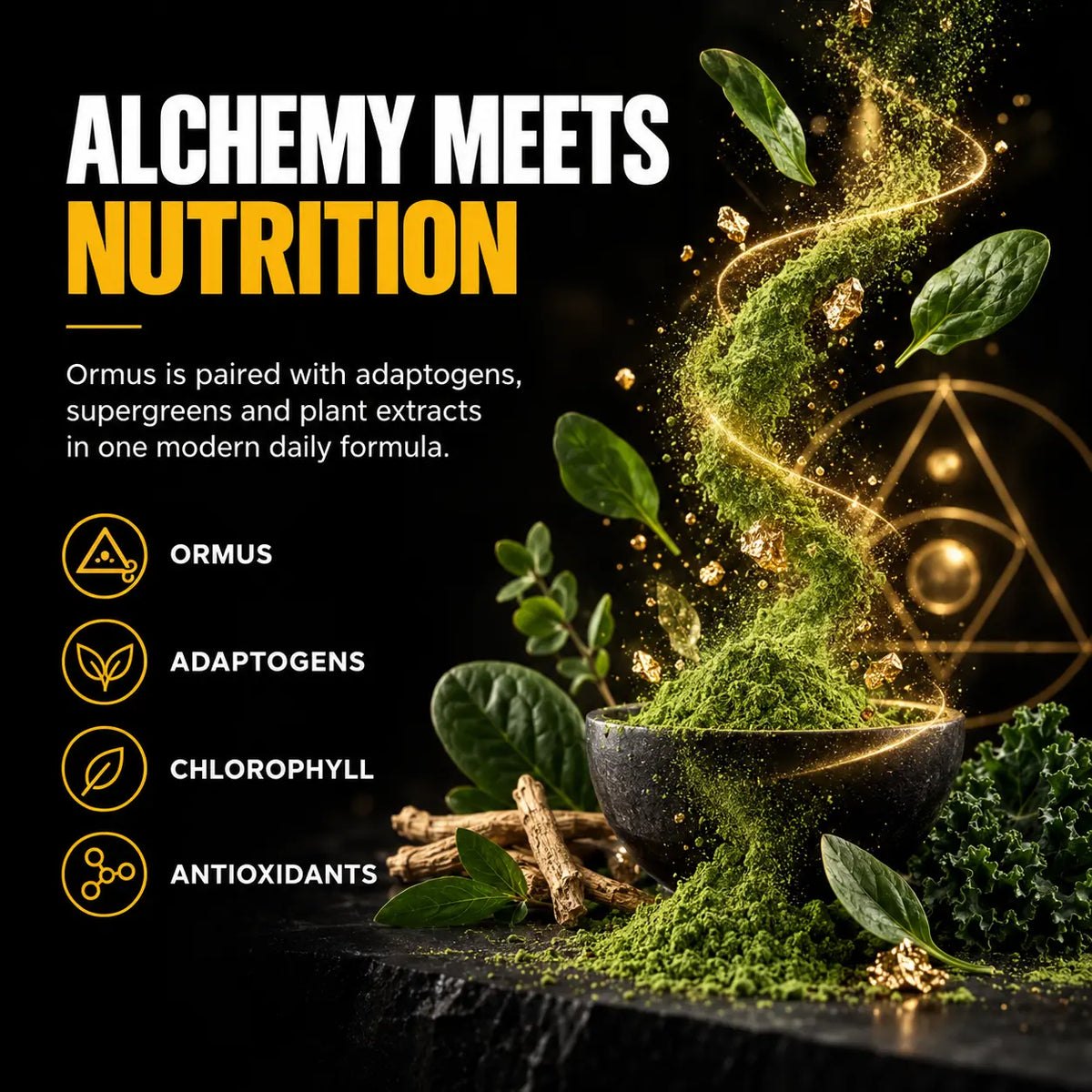 Ormus SuperGreens combining Monatomic Gold, supergreens, botanicals, adaptogens and plant extracts