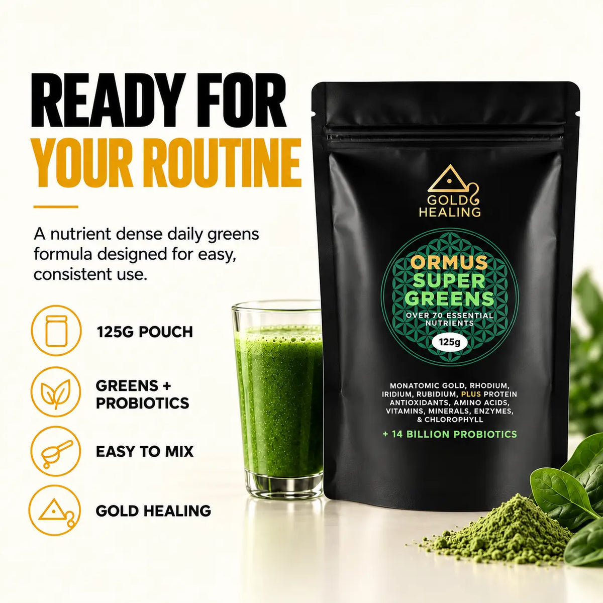 Ormus SuperGreens mixed into a green drink as part of a simple morning routine