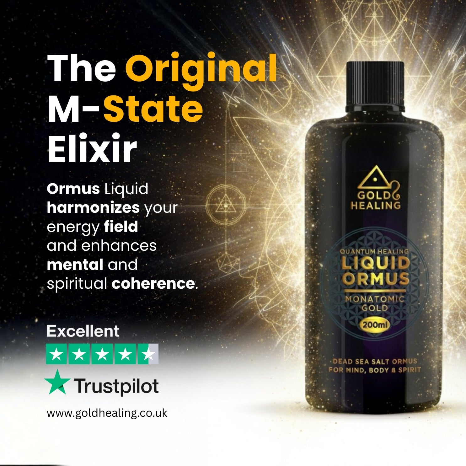 Bottle of Gold Healing Liquid Ormus with promotional text and Trustpilot rating on a dark background
