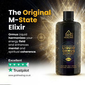 Bottle of Gold Healing Liquid Ormus with promotional text and Trustpilot rating on a dark background
