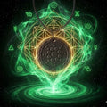 quantum scalar energy Necklace with a circular pendant surrounded by green energy and symbols on a dark background