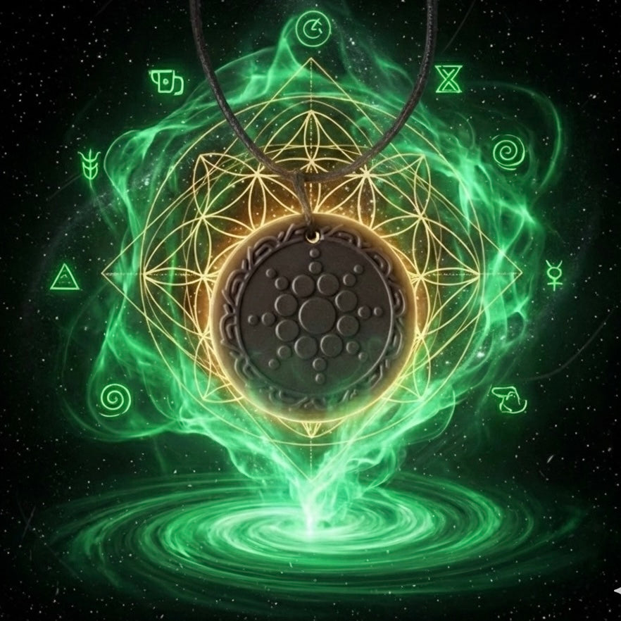 quantum scalar energy Necklace with a circular pendant surrounded by green energy and symbols on a dark background