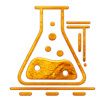 Gold laboratory flask icon representing small batch wellness preparation.