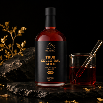True Colloidal Gold 500ml bottle displayed in a premium black and gold studio setting with ruby red liquid and laboratory inspired props.