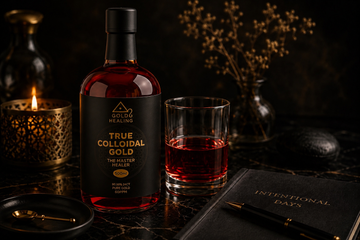 Premium Gold Healing colloidal gold bottle with ruby red liquid on a dark marble wellness ritual scene