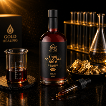 Gold Healing True Colloidal Gold bottle presented in a premium laboratory setting
