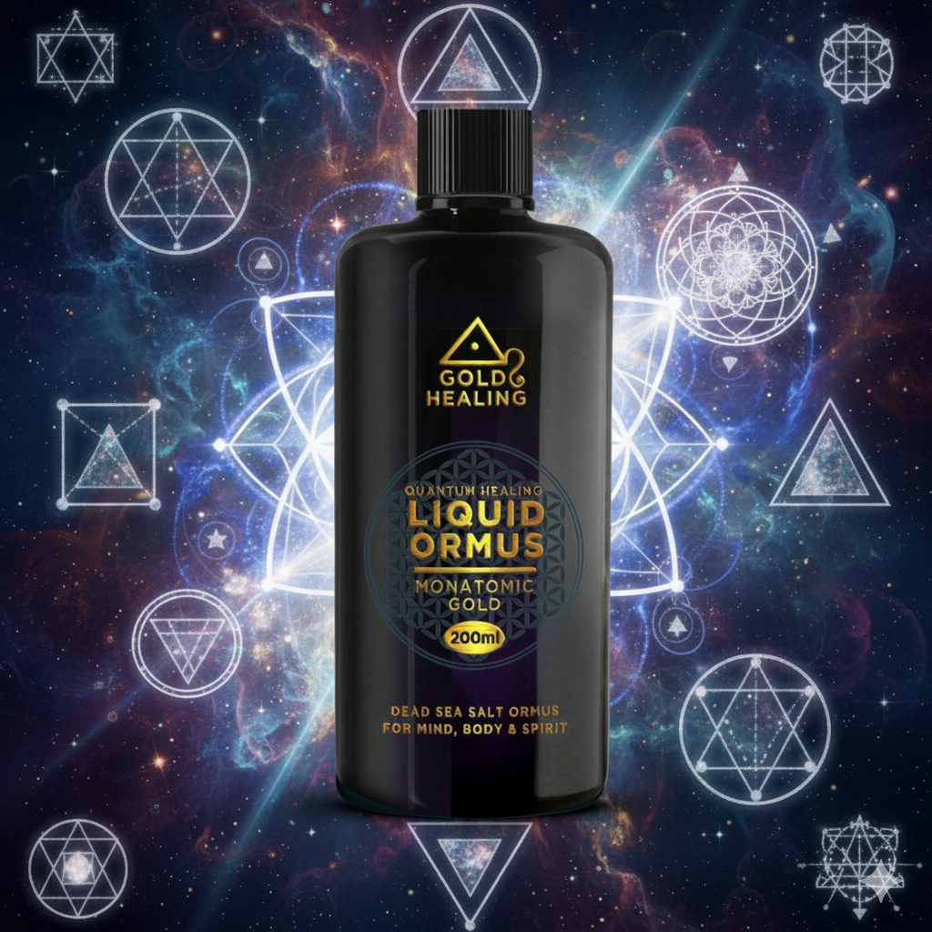 About us page product of Bottle of Liquid Ormus with gold text on a cosmic background with geometric symbols