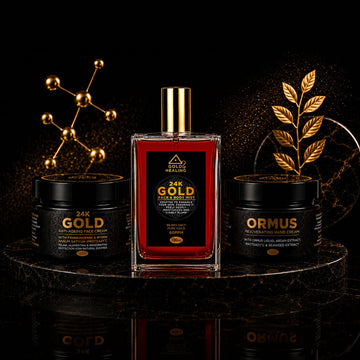 Gold Healing gold skincare collection featuring 24K Gold Face Cream, 24K Gold Face and Body Mist and ORMUS Hand Cream