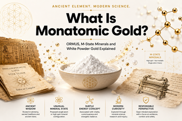 What is monatomic gold hero infographic showing ORMUS, white powder gold and M-state minerals