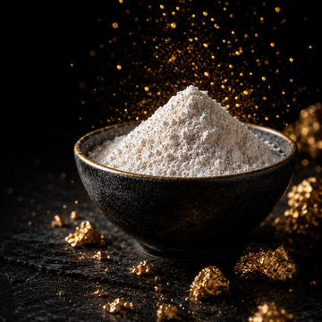 Bowl of monatomic gold powder with gold mineral particles illustrating white powder gold and ORMUS traditions