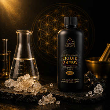 Gold Healing ORMUS Liquid bottle with Dead Sea mineral crystals, laboratory glassware and purified water, illustrating a premium liquid mineral preparation.