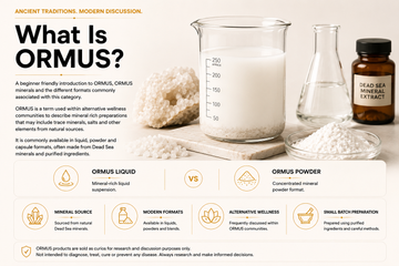 Educational ORMUS infographic explaining ORMUS minerals, mineral-rich liquid suspensions, powders and common ORMUS formats